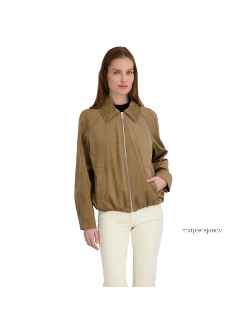 Faux Suede Bomber Jacket Raglan Sleeve Cinched Hem Casual